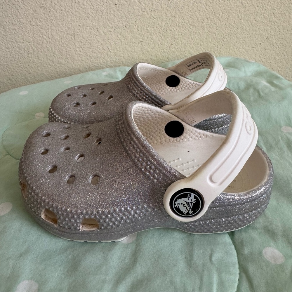CROCS Glittery Silver Clogs with White Strap Toddler Size 7